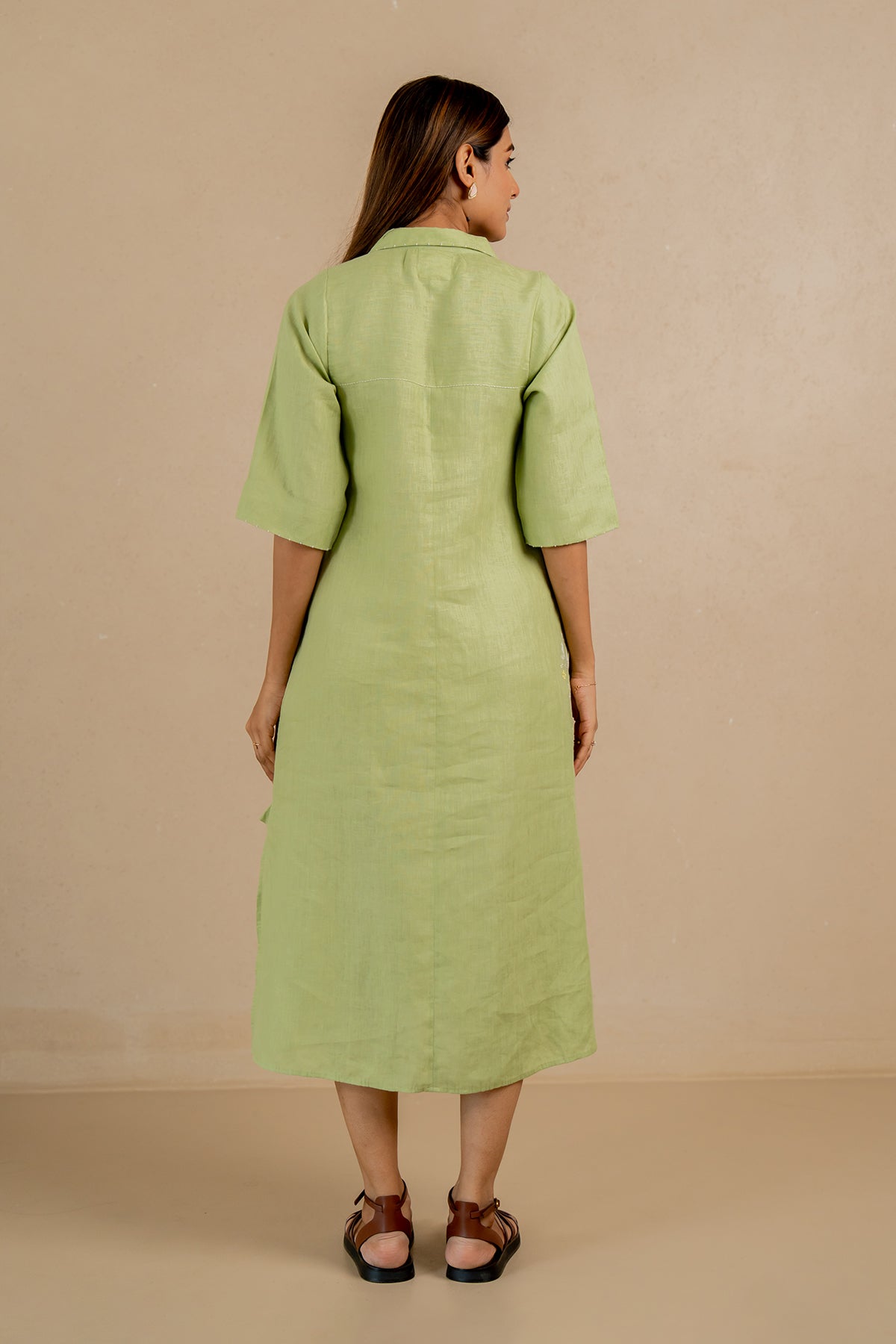 Tania-Linen-Half-Placket-Long-Dress-with-Pockets-Algae-Green-