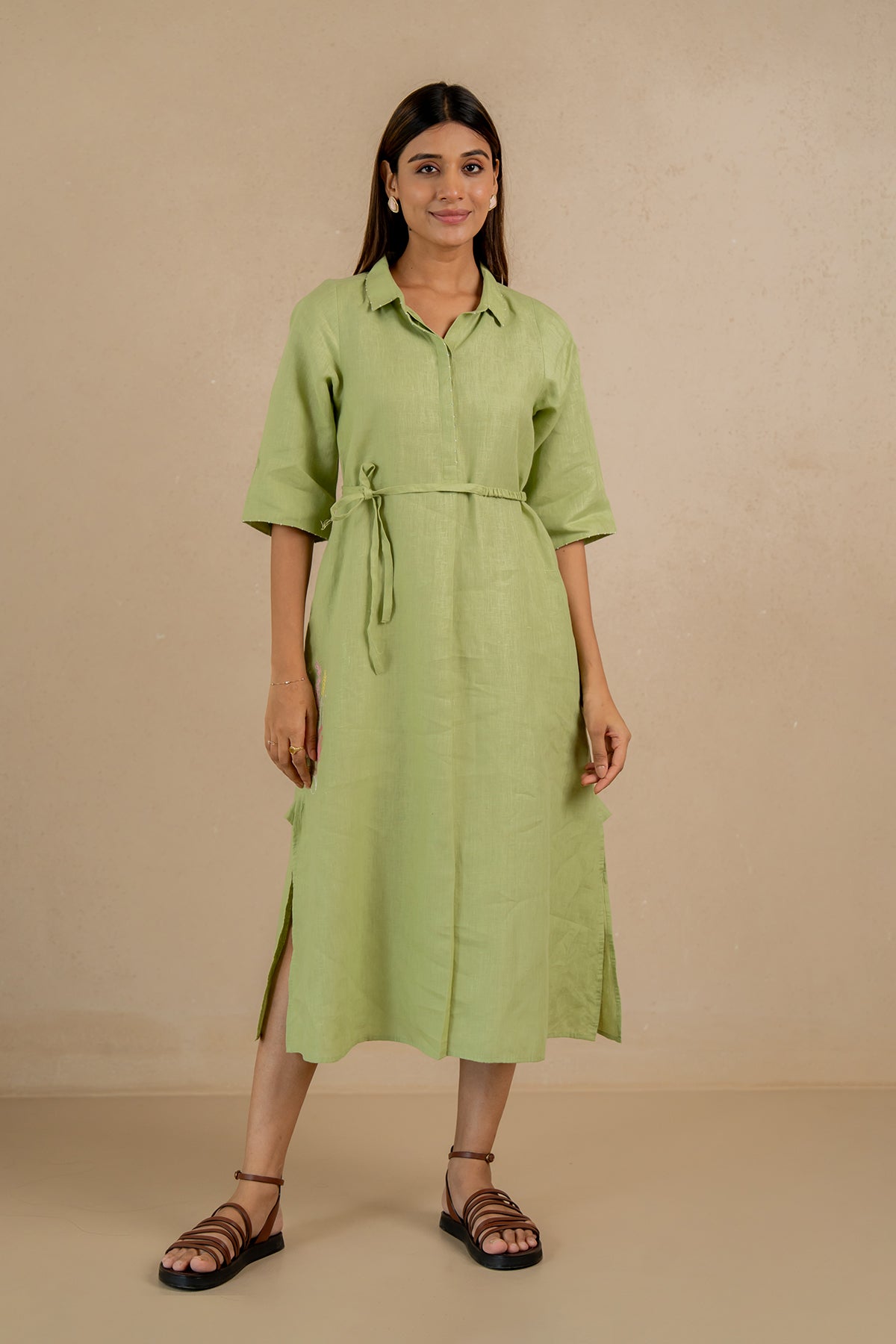 Tania-Linen-Half-Placket-Long-Dress-with-Pockets-Algae-Green-