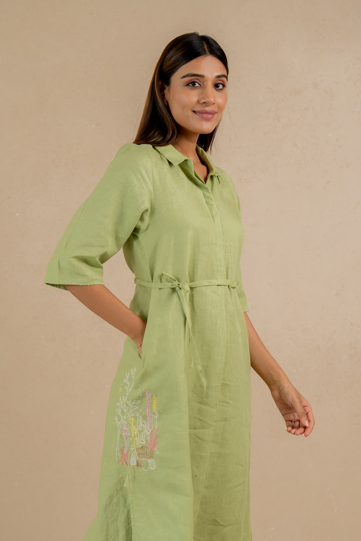 Tania-Linen-Half-Placket-Long-Dress-with-Pockets-Algae-Green-
