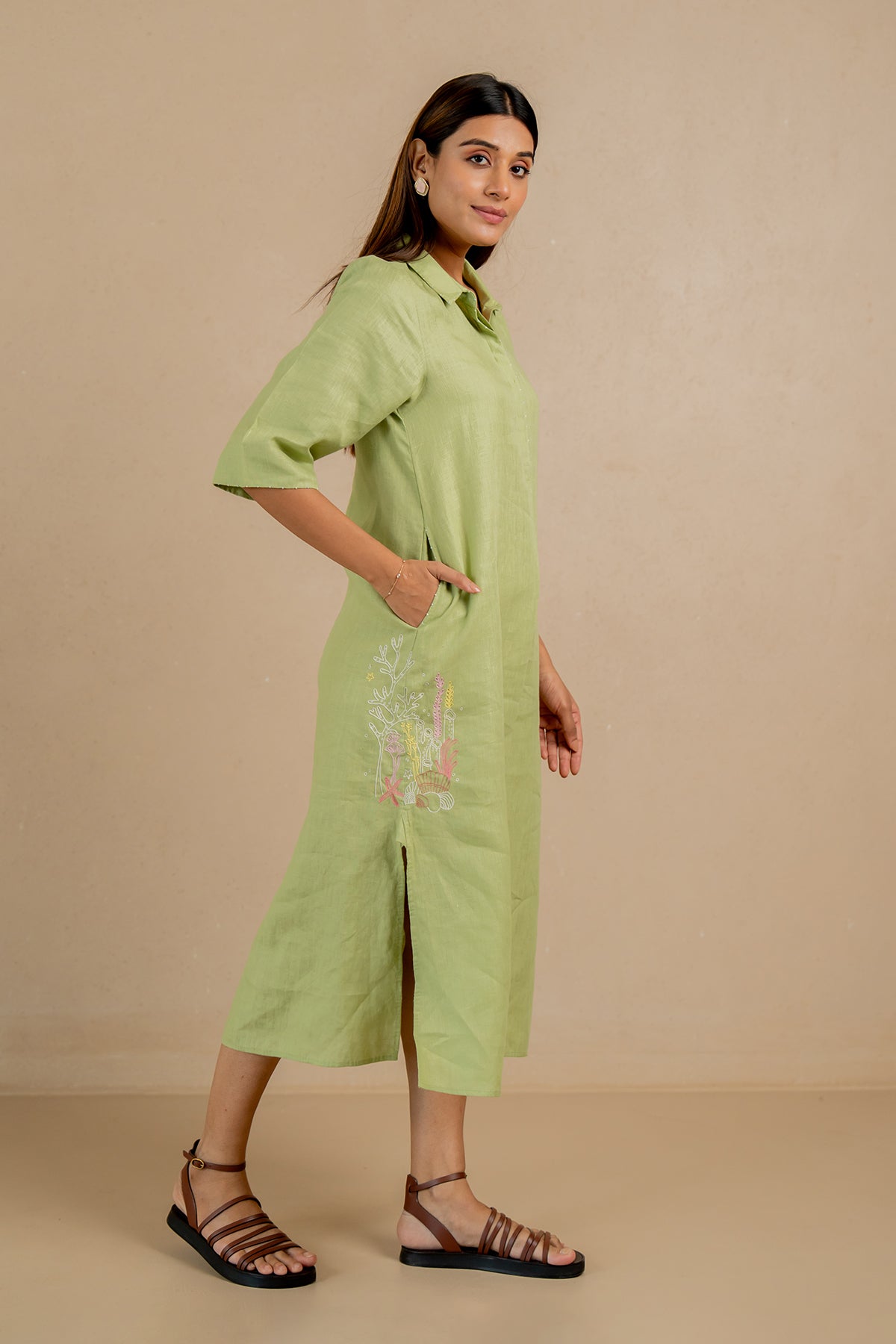 Tania-Linen-Half-Placket-Long-Dress-with-Pockets-Algae-Green-
