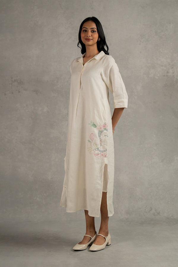 Tania Linen Half Placket Long dress with Pockets - Off white