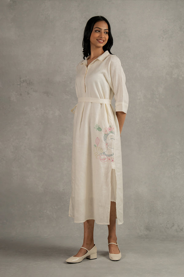 Tania Linen Half Placket Long dress with Pockets - Off white