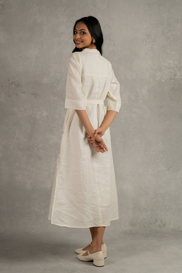 Tania Linen Half Placket Long dress with Pockets - Off white