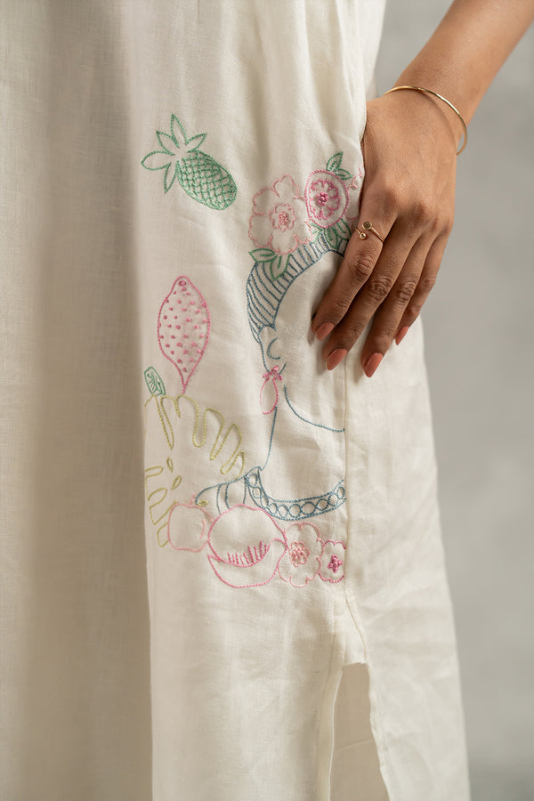 Tania Linen Half Placket Long dress with Pockets - Off white