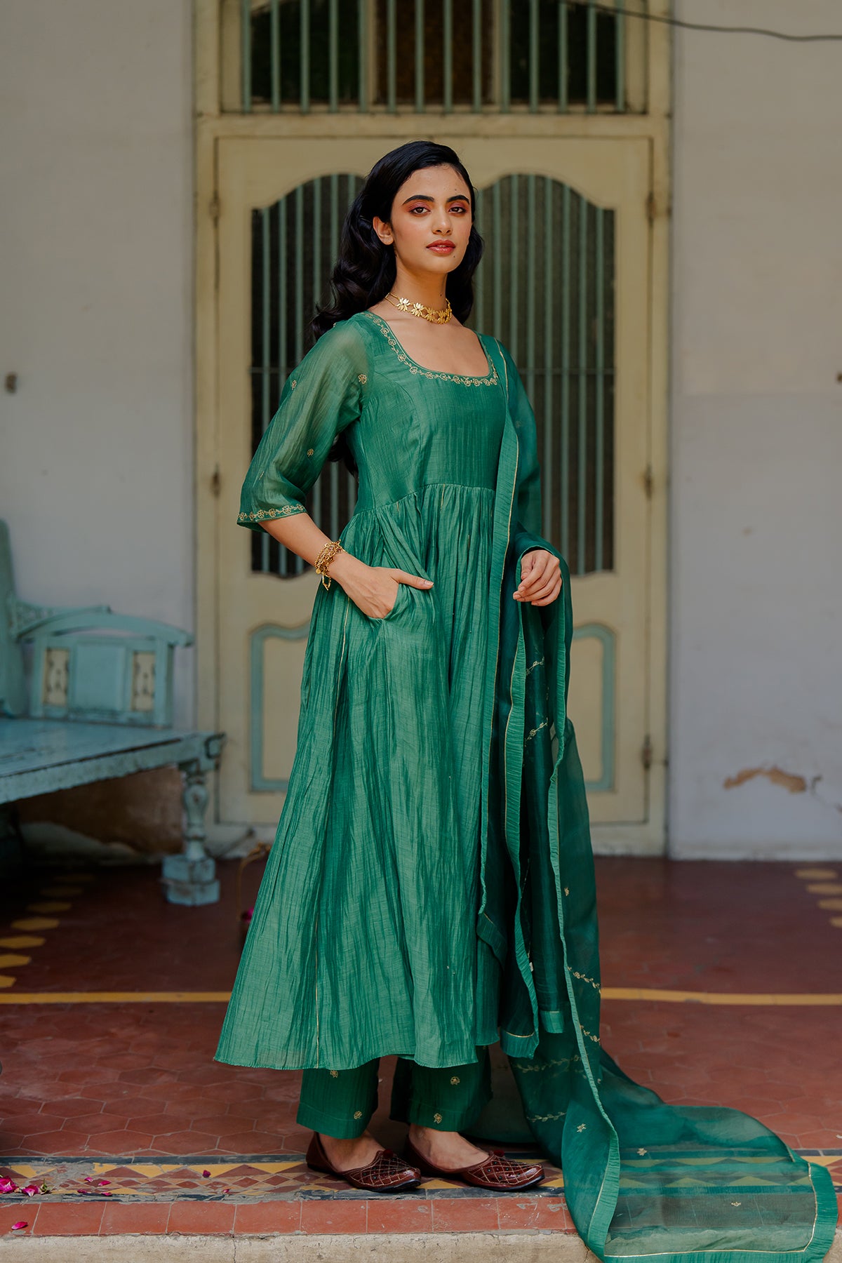 Vedica Chanderi Silk Anarkali with Pants - Green