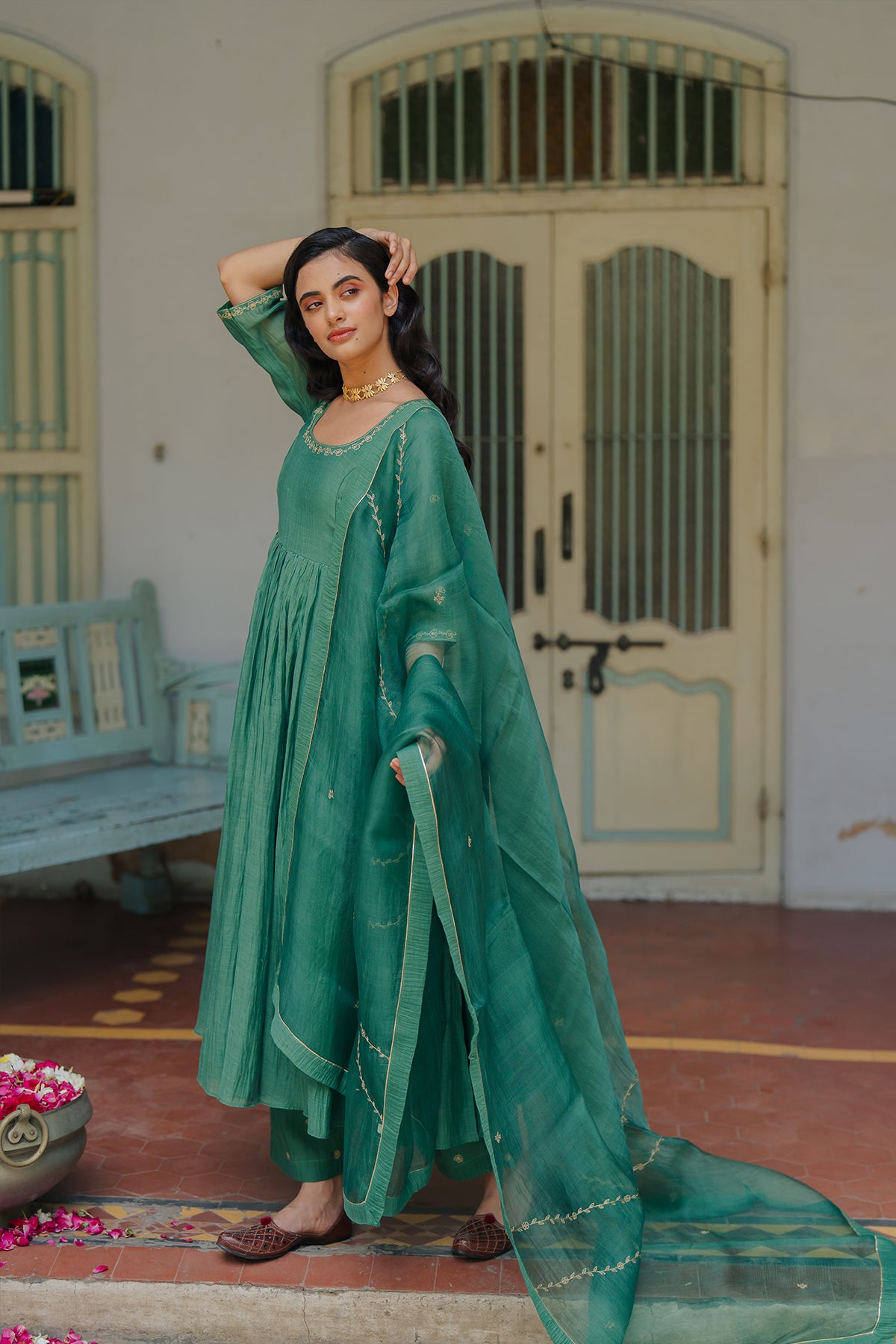 Vedica Chanderi Silk Anarkali with Pants - Green