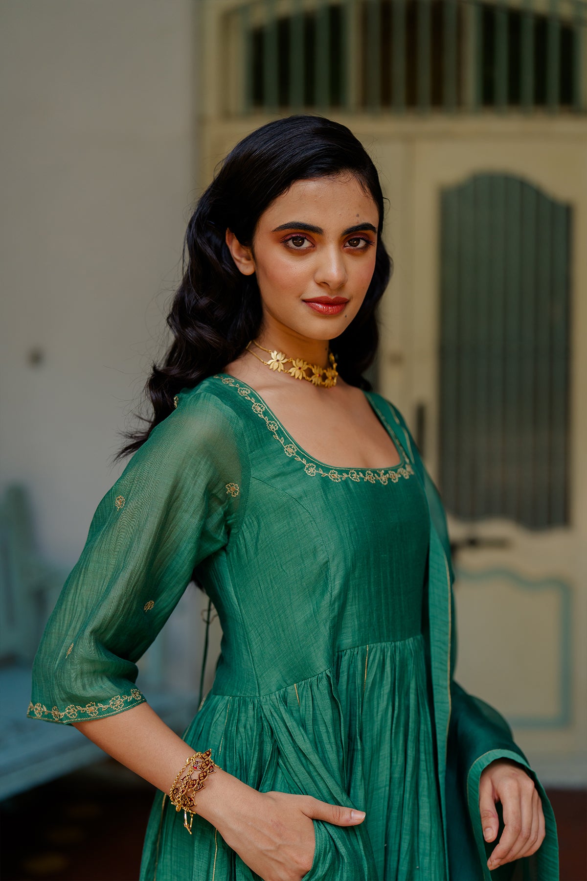Vedica Chanderi Silk Anarkali with Pants - Green