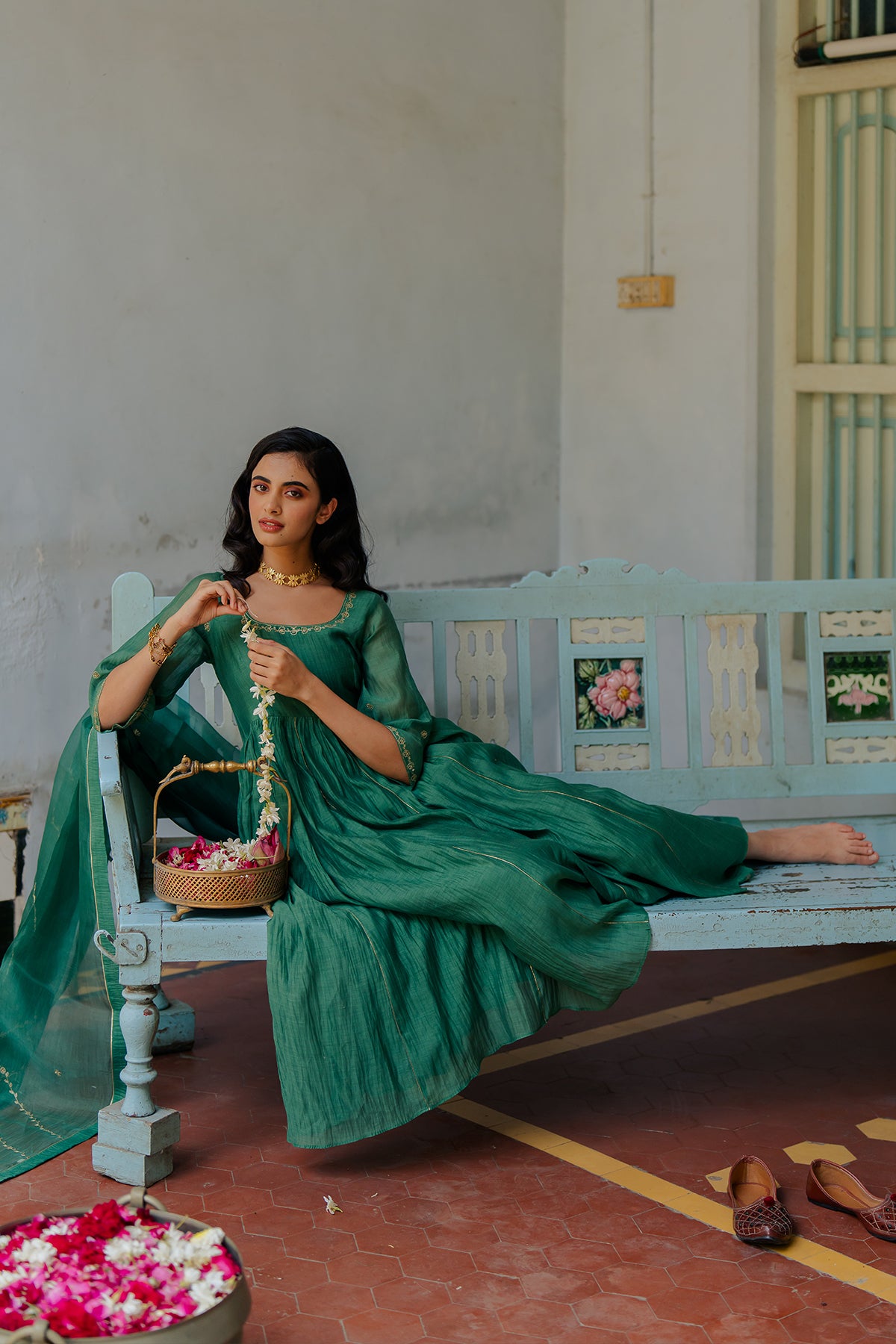 Vedica Chanderi Silk Anarkali with Pants - Green