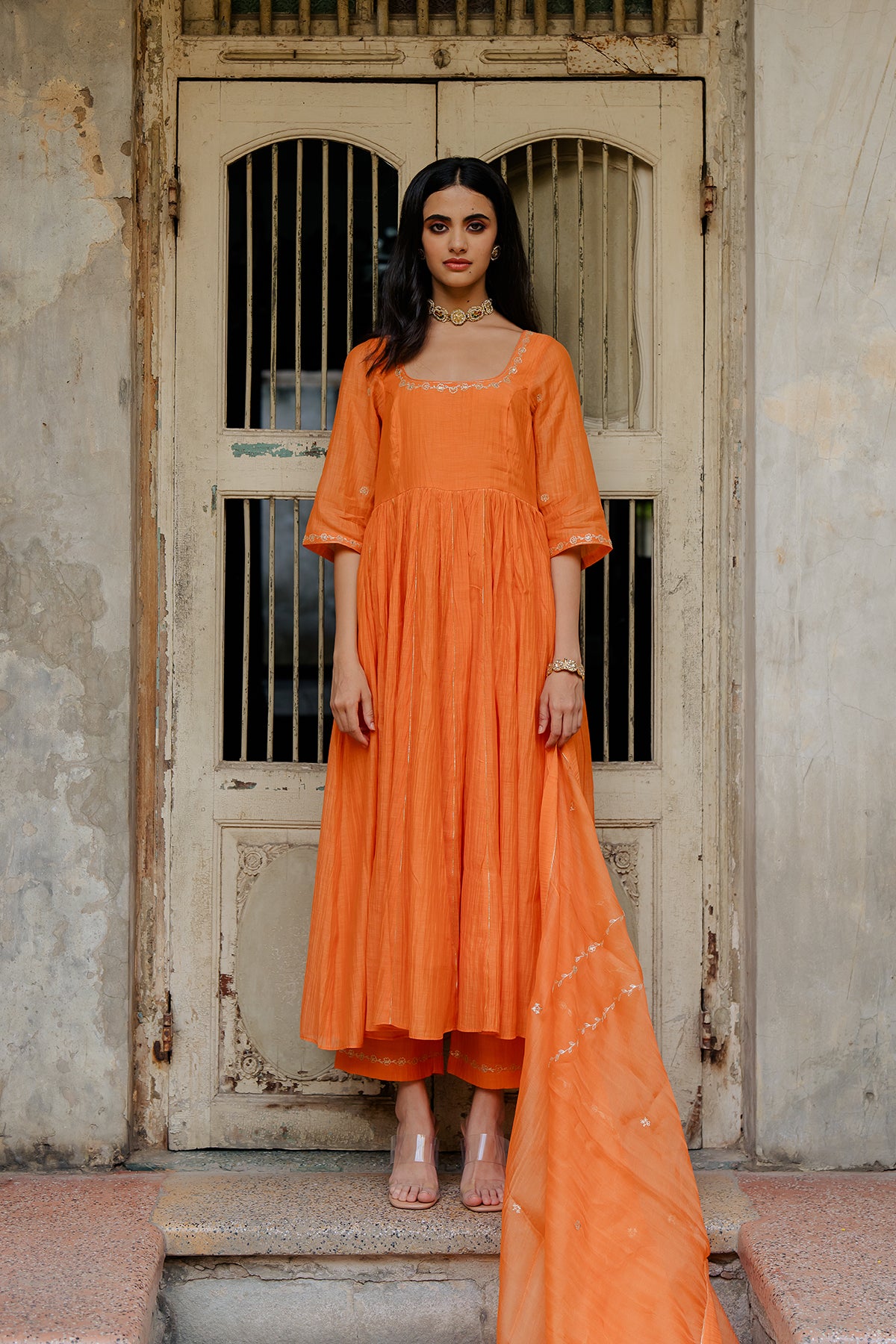 Vedica Chanderi Silk Anarkali with Pants - Orange