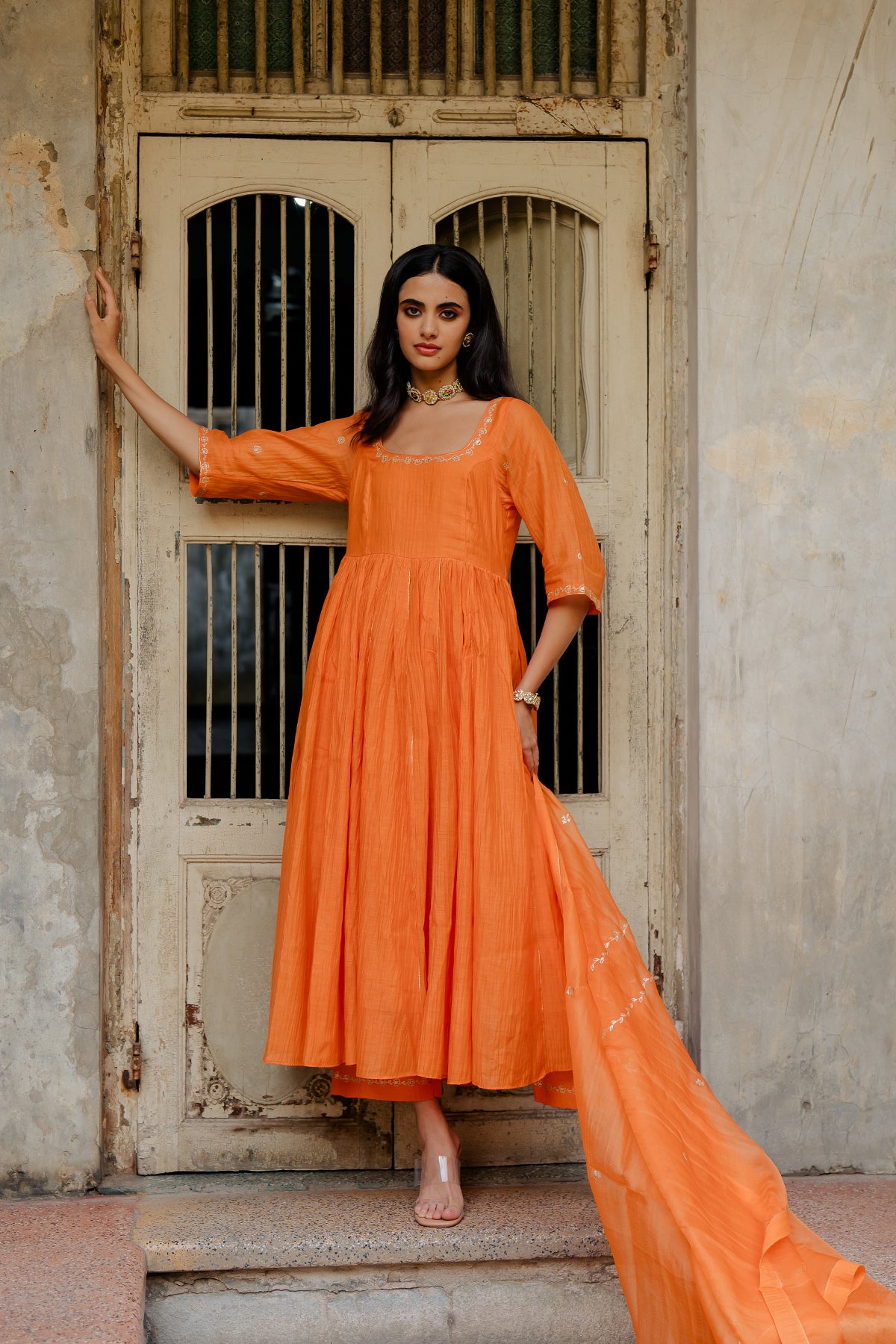 Vedica Chanderi Silk Anarkali with Pants - Orange