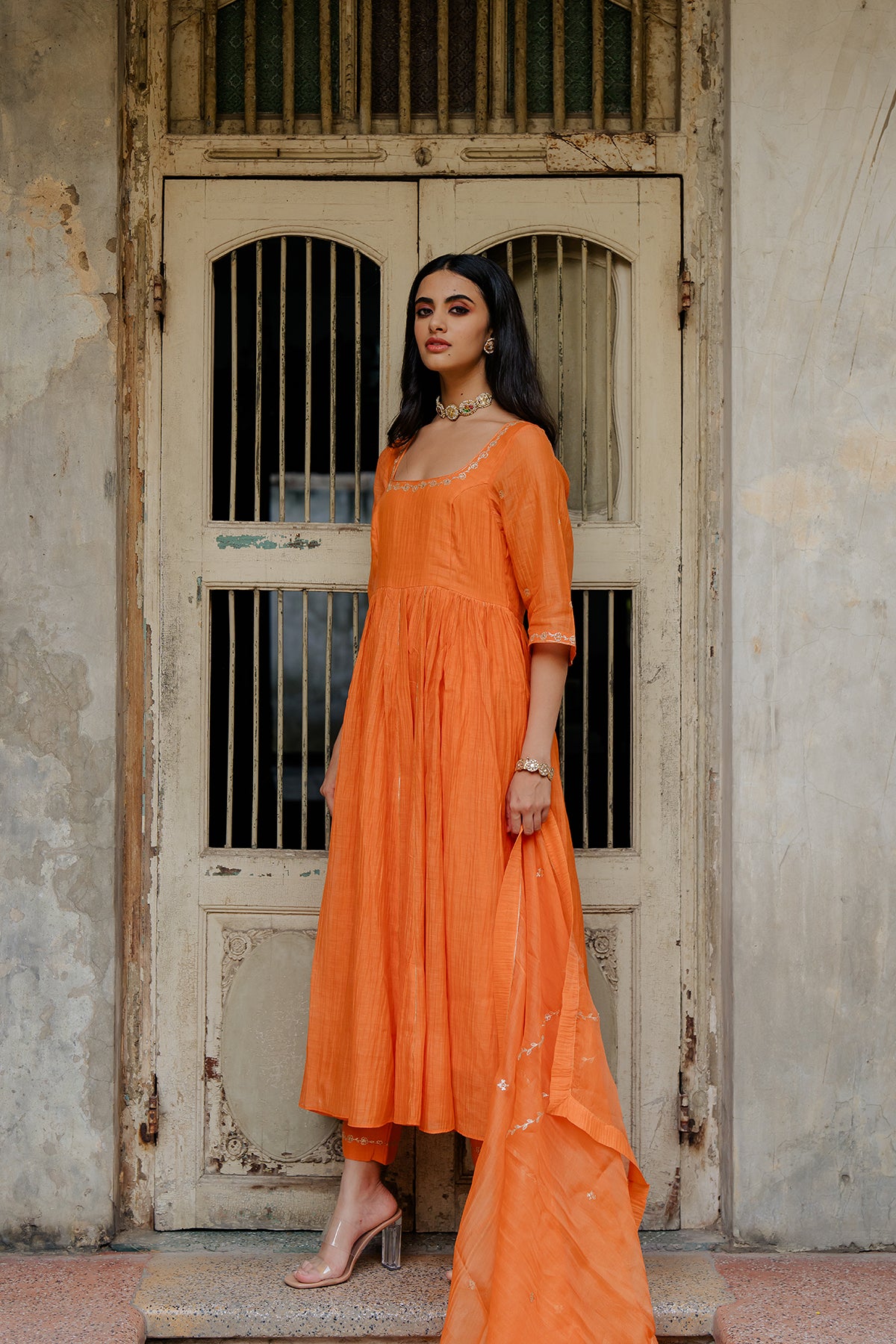 Vedica Chanderi Silk Anarkali with Pants - Orange