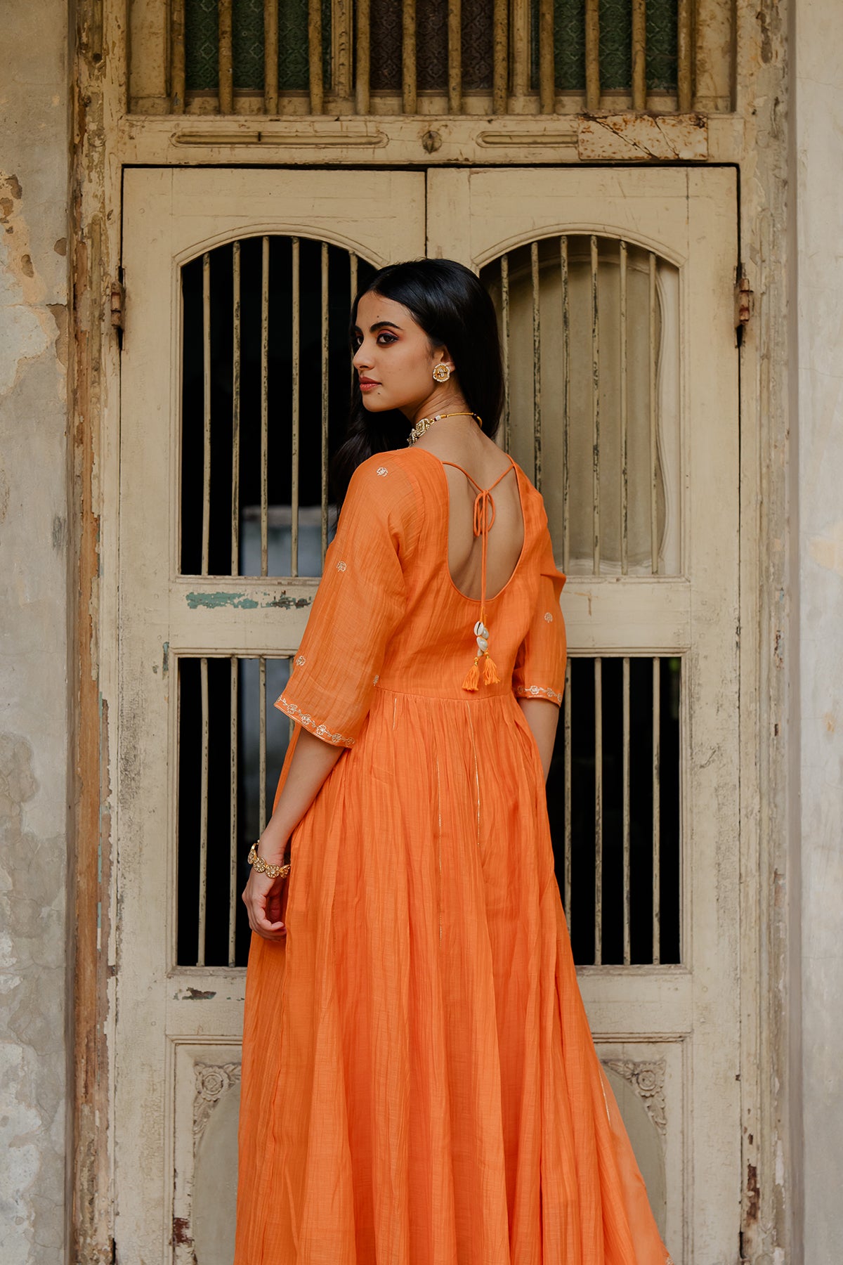 Vedica Chanderi Silk Anarkali with Pants - Orange