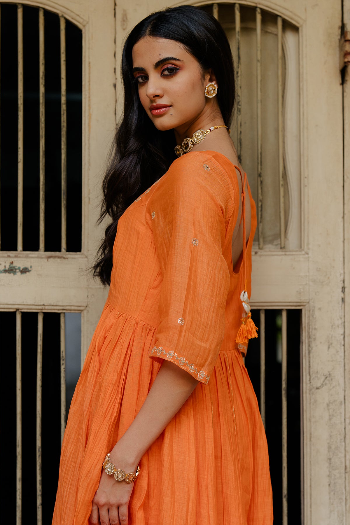 Vedica Chanderi Silk Anarkali with Pants - Orange