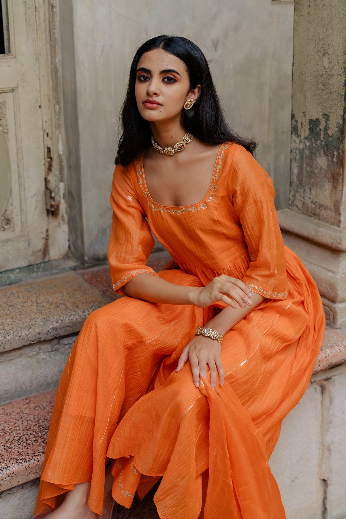 Vedica Chanderi Silk Anarkali with Pants - Orange