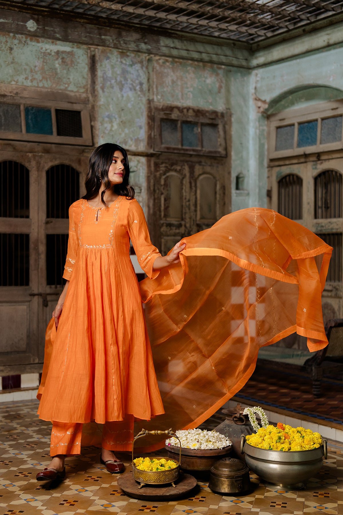 Vedica Silk Organza Dupatta - Orange