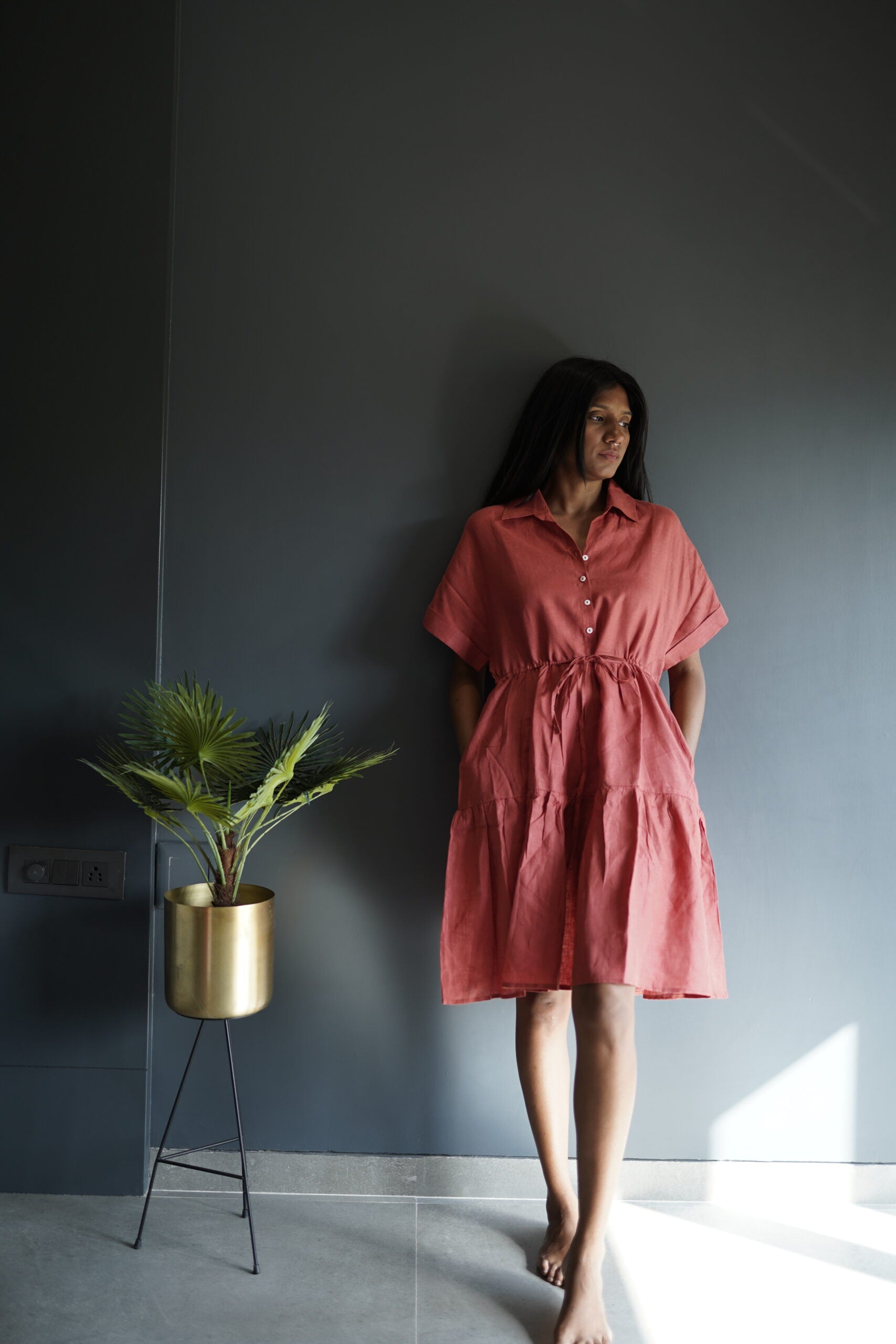 Linen Drawstring Tier Dress - Rust
