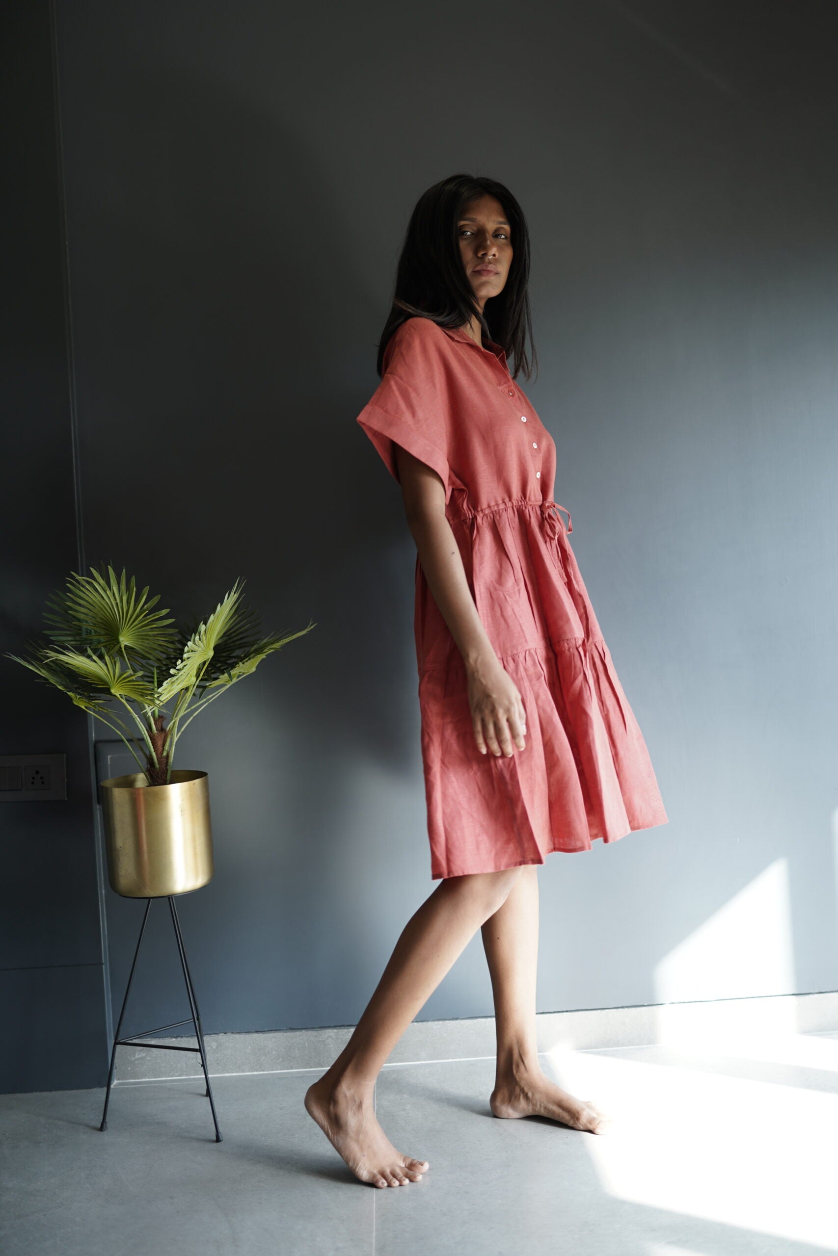 Linen Drawstring Tier Dress - Rust