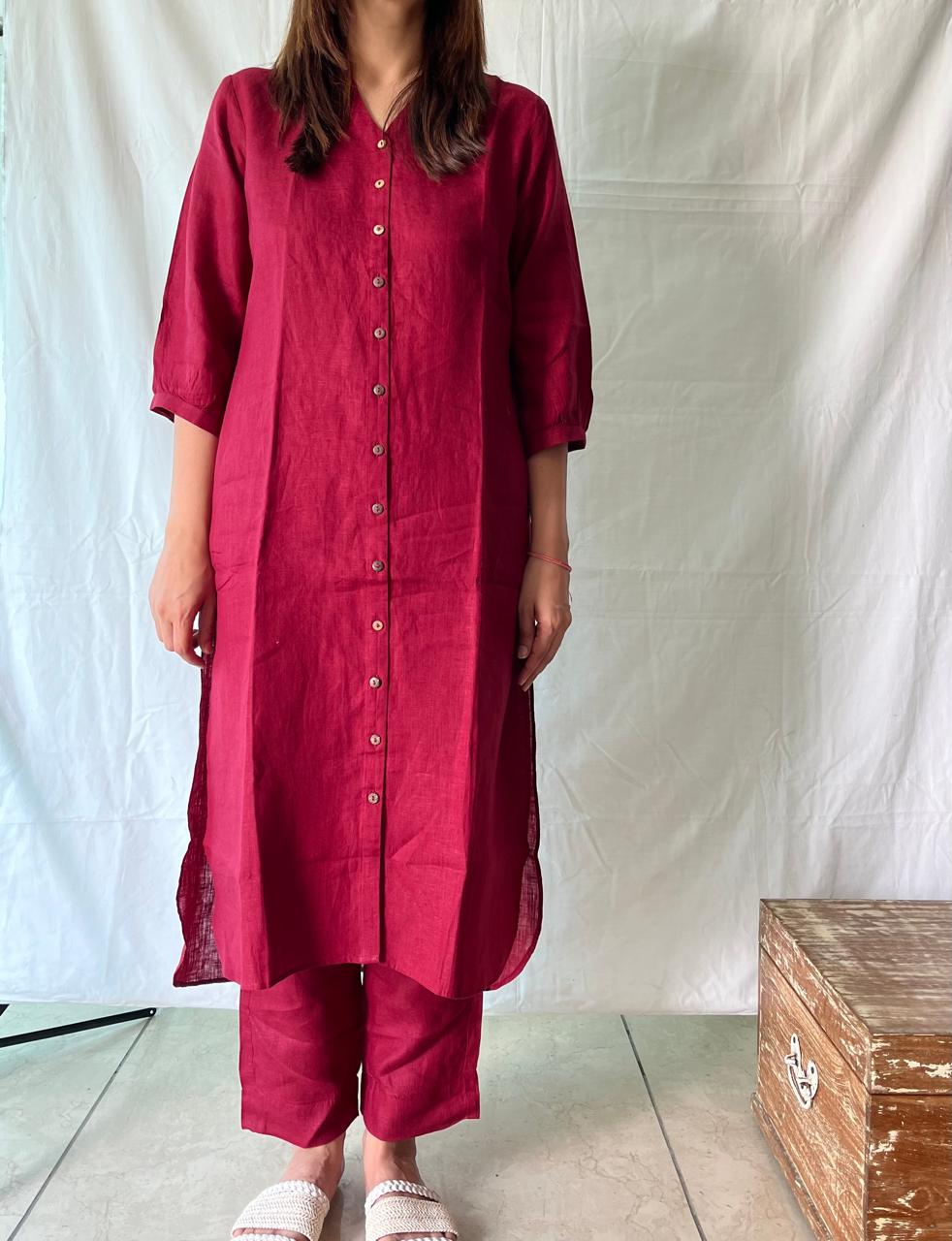 Linen Straight Kurta - Red