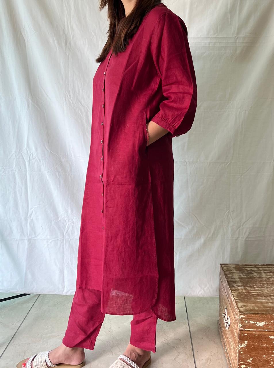 Linen Straight Kurta - Red