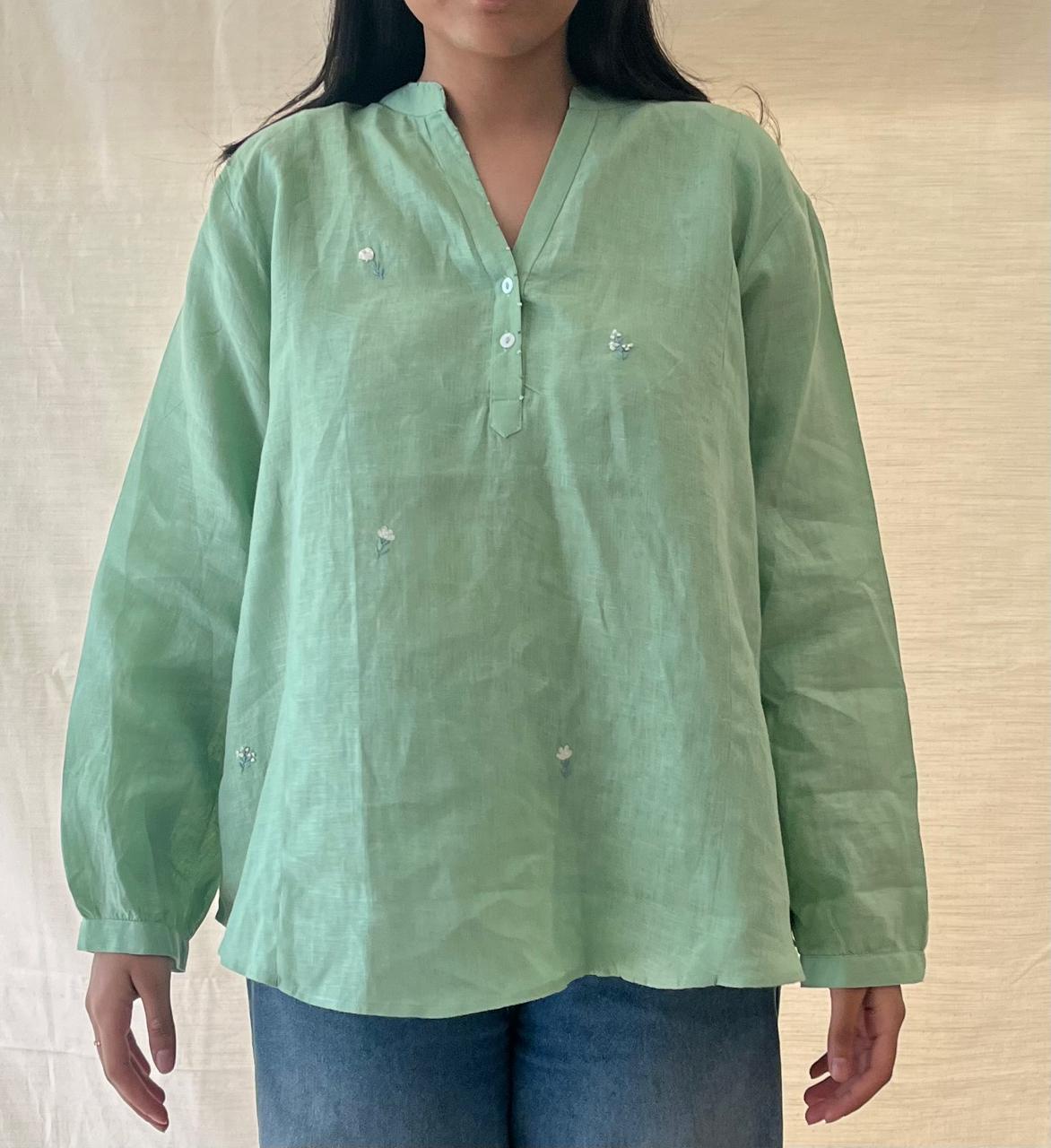 Linen Embroidered Panel Top - Pista