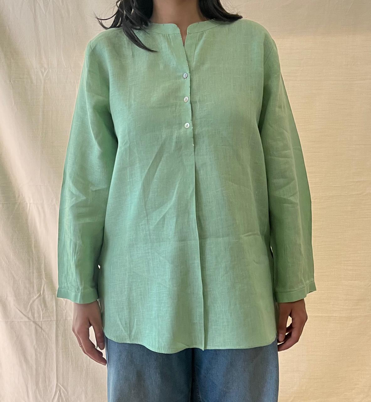 Stella Linen Half Placket Top - Pista