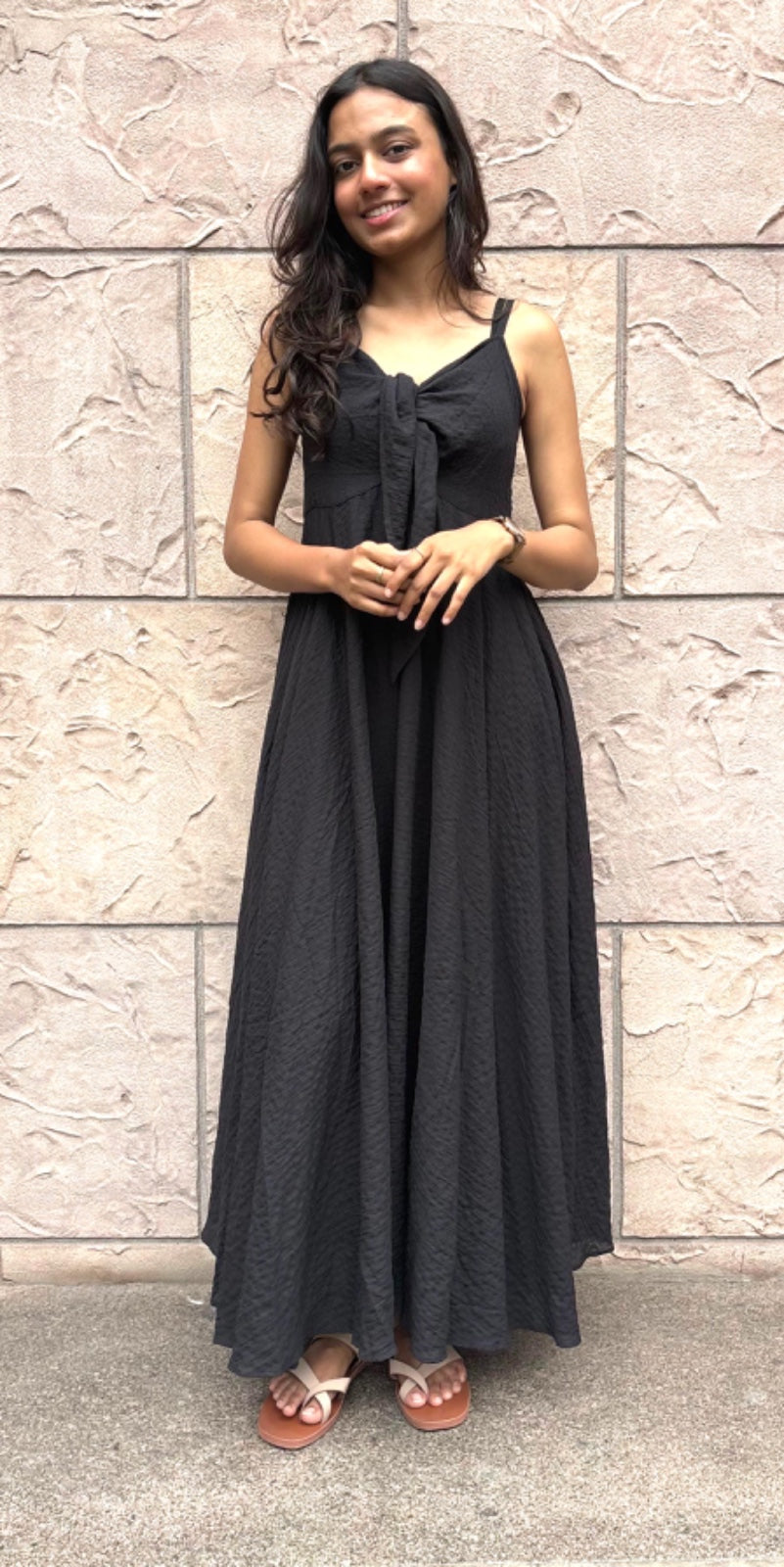 Crush Cotton Front Knot Slip Dress - Black