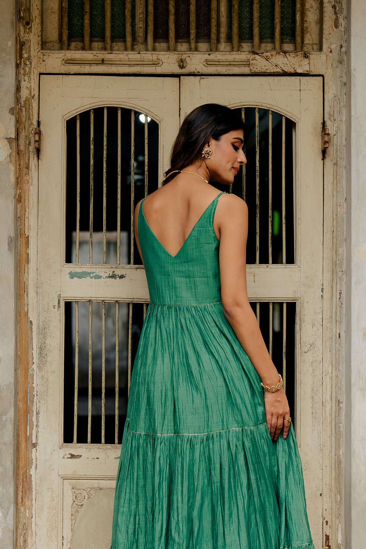 Yasmeen Chanderi Silk Strap Long Tier Dress - Green