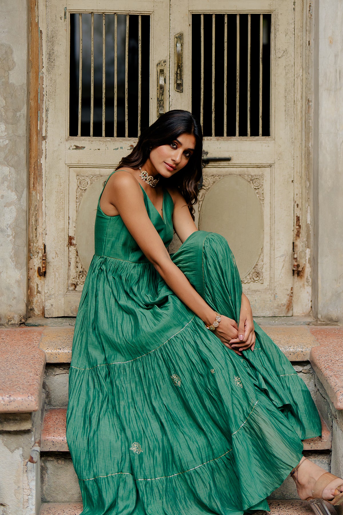 Yasmeen Chanderi Silk Strap Long Tier Dress - Green