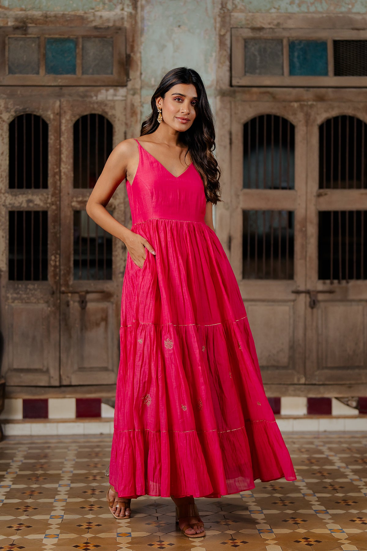 Yasmeen Chanderi Silk Strap Long Tier Dress - Pink