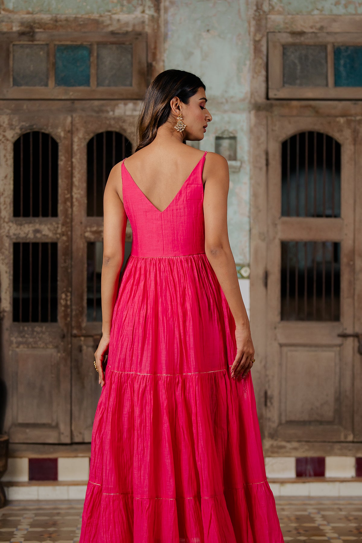 Yasmeen Chanderi Silk Strap Long Tier Dress - Pink