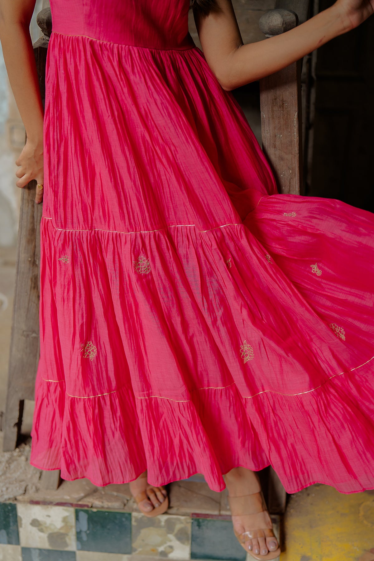 Yasmeen Chanderi Silk Strap Long Tier Dress - Pink