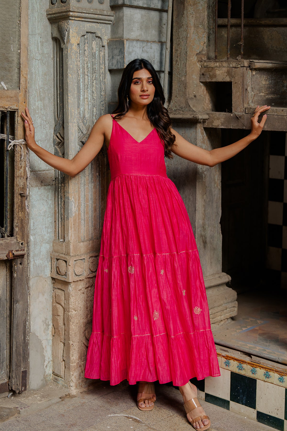 Yasmeen Chanderi Silk Strap Long Tier Dress - Pink