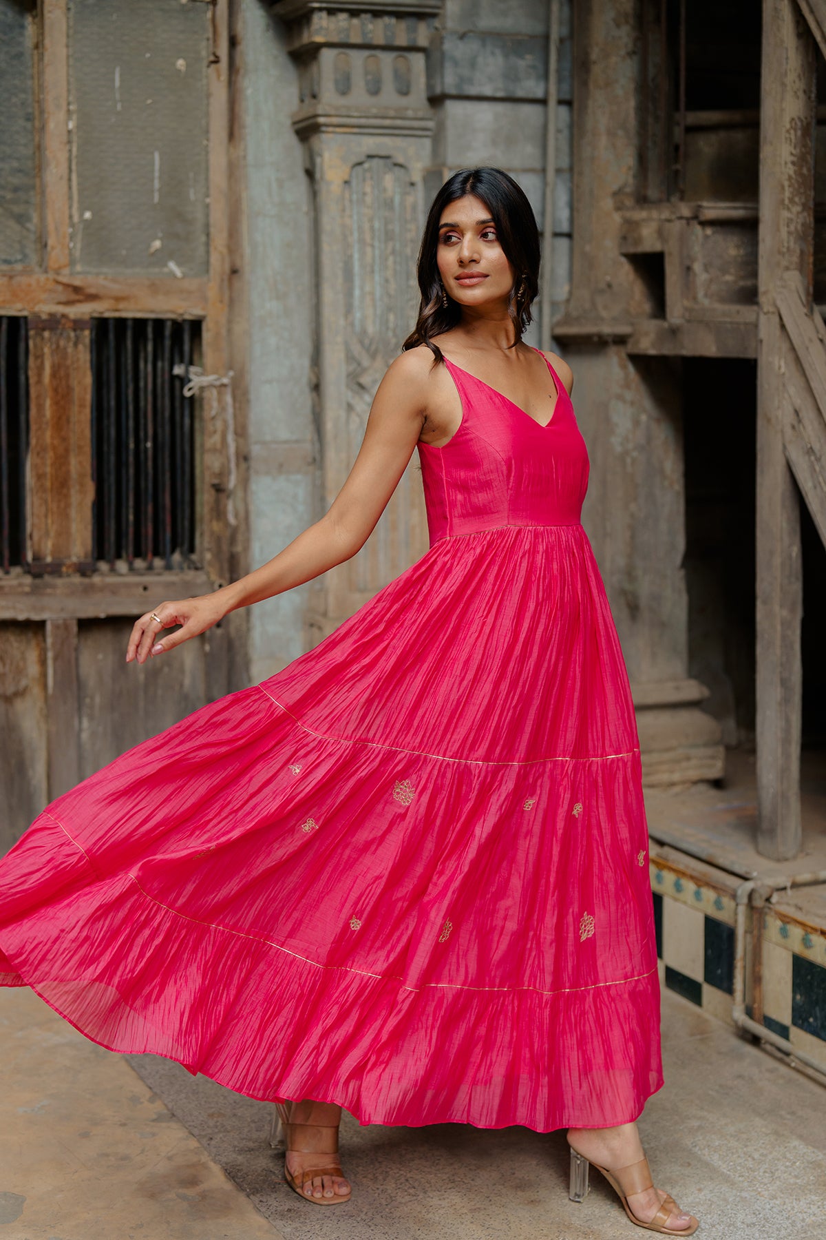 Yasmeen Chanderi Silk Strap Long Tier Dress - Pink