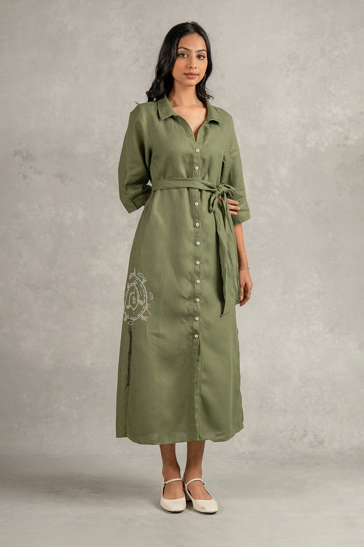 Yavie Linen Long dress with Pockets - Olive Green