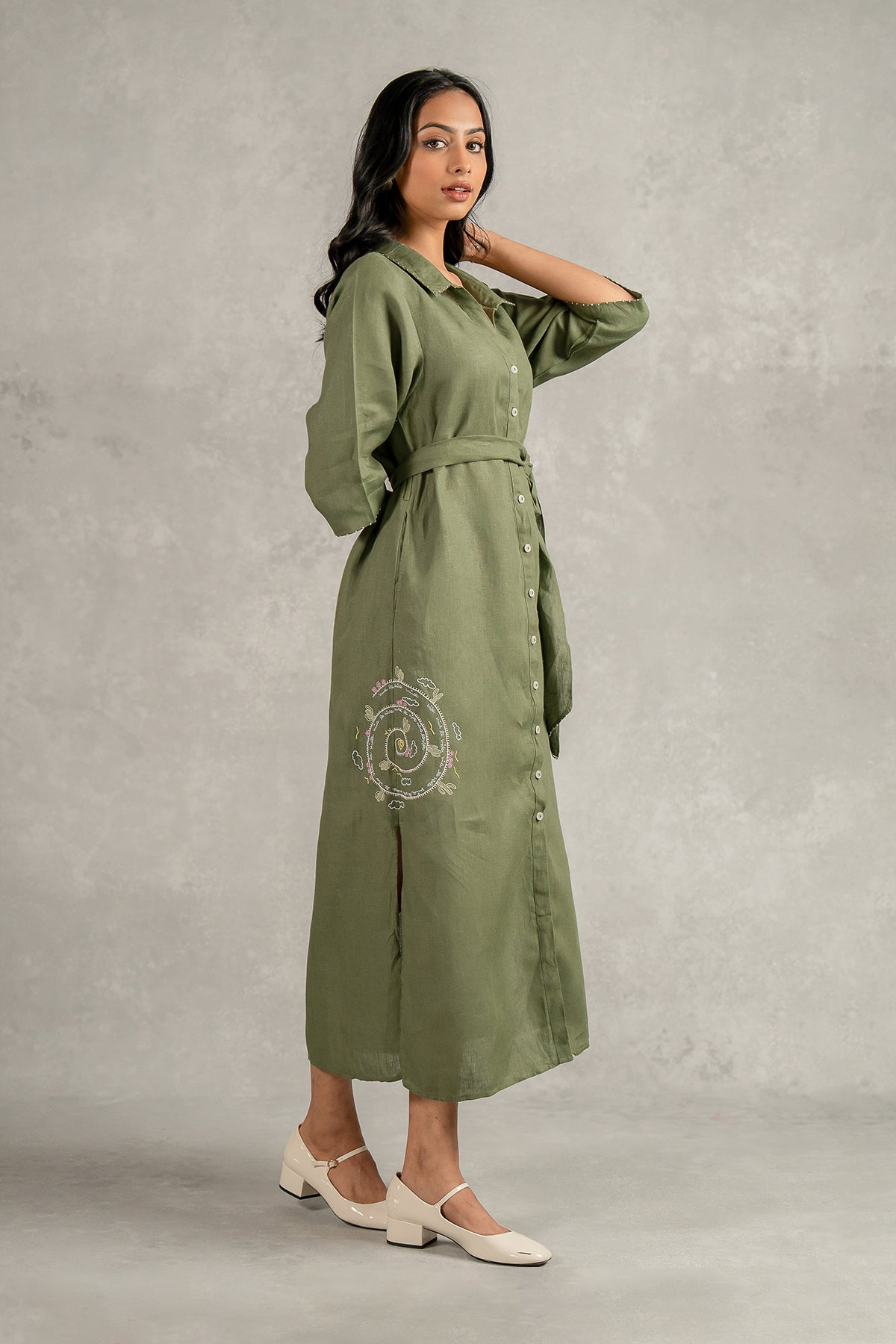 Yavie Linen Long dress with Pockets - Olive Green