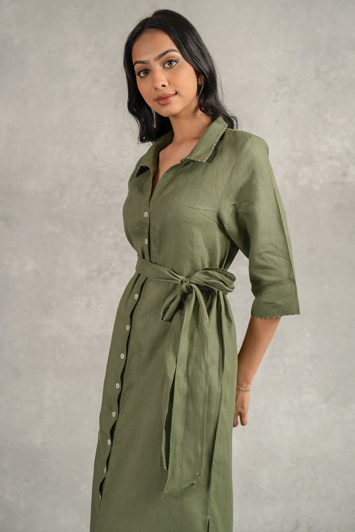 Yavie Linen Long dress with Pockets - Olive Green