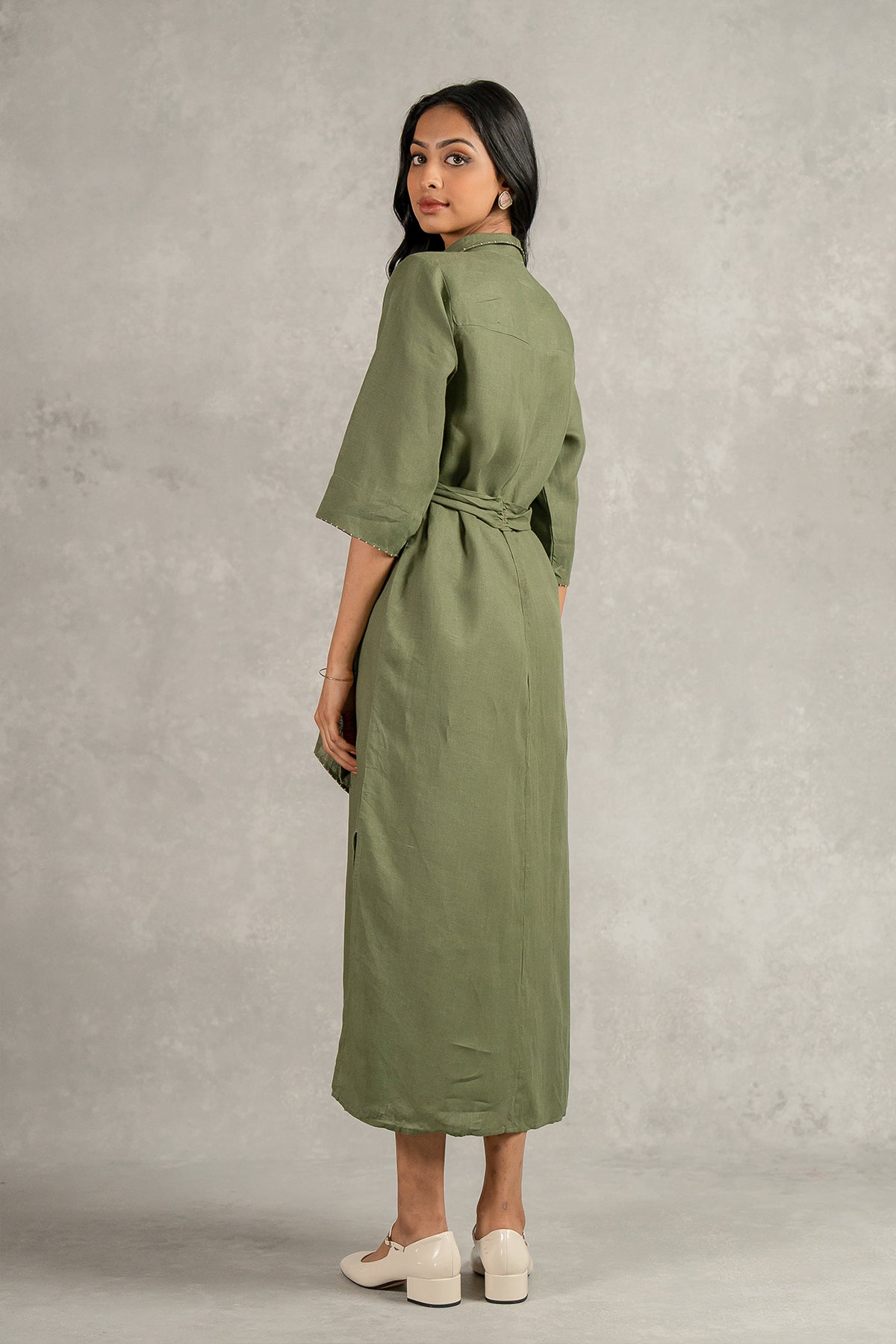 Yavie Linen Long dress with Pockets - Olive Green