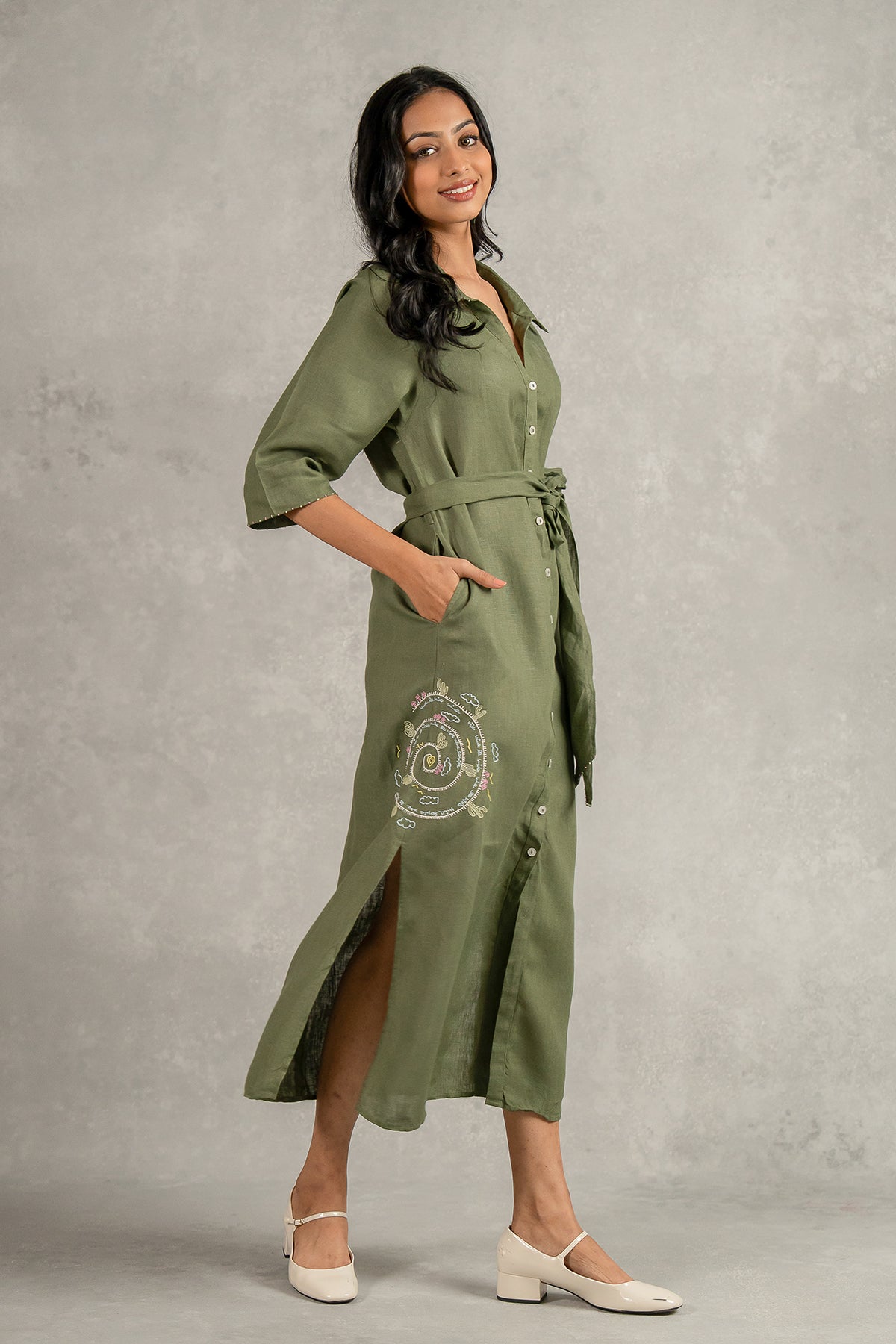 Yavie Linen Long dress with Pockets - Olive Green