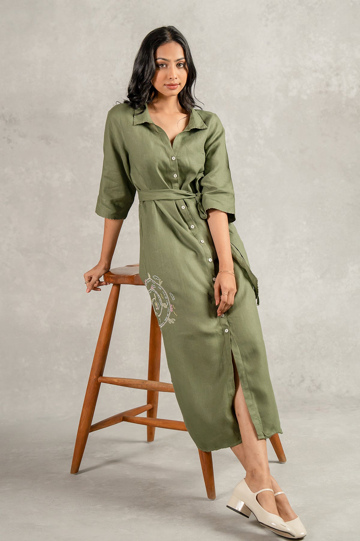 Yavie Linen Long dress with Pockets - Olive Green