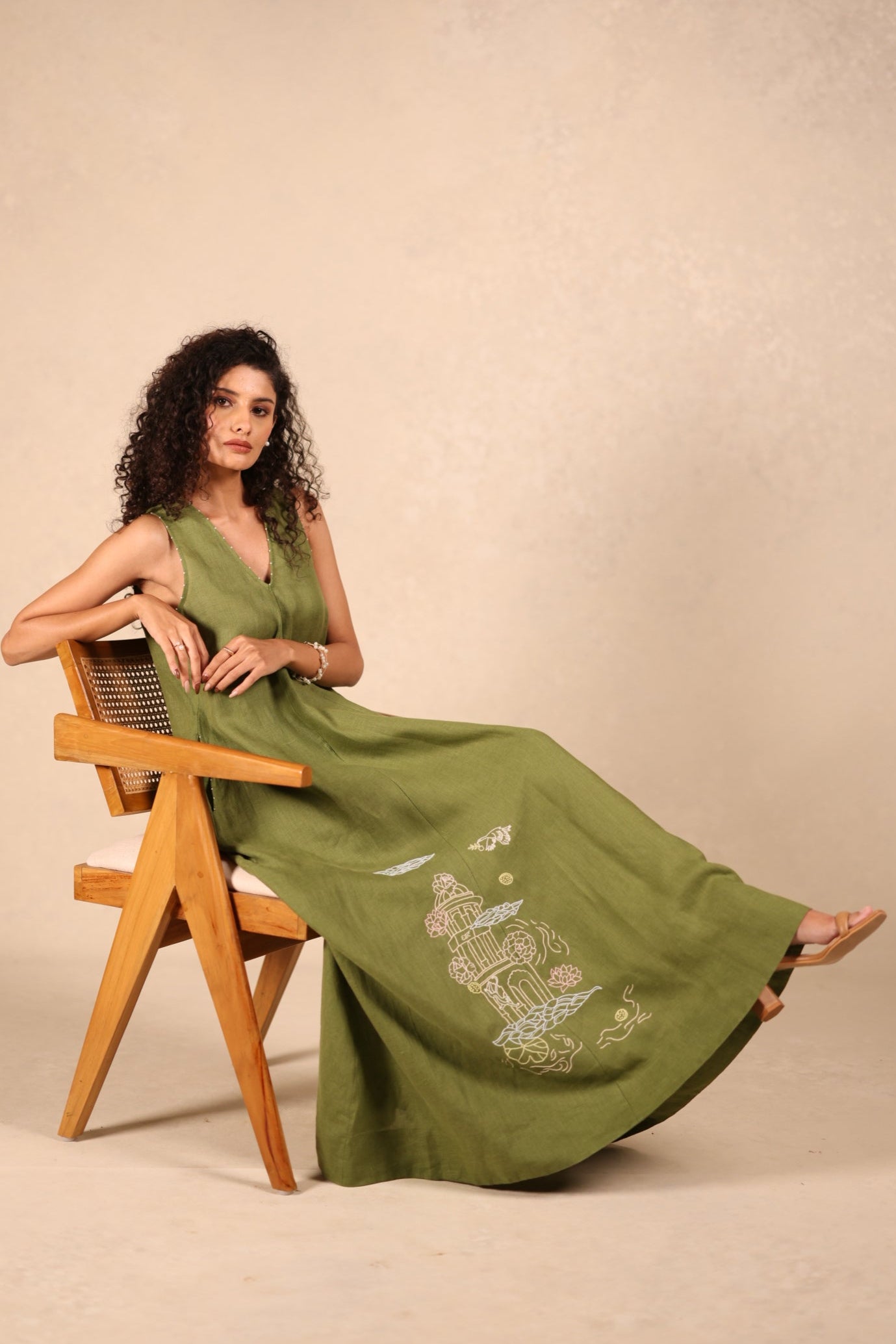 Olive Green Embroidered Linen Dress for Women | Zebein
