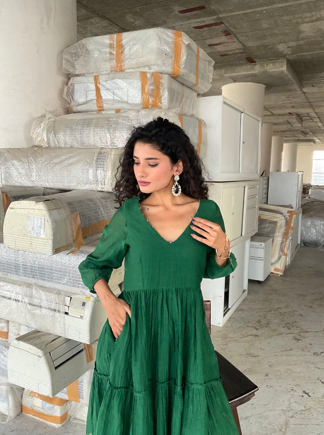 Breeze Chanderi Dress- Rich green
