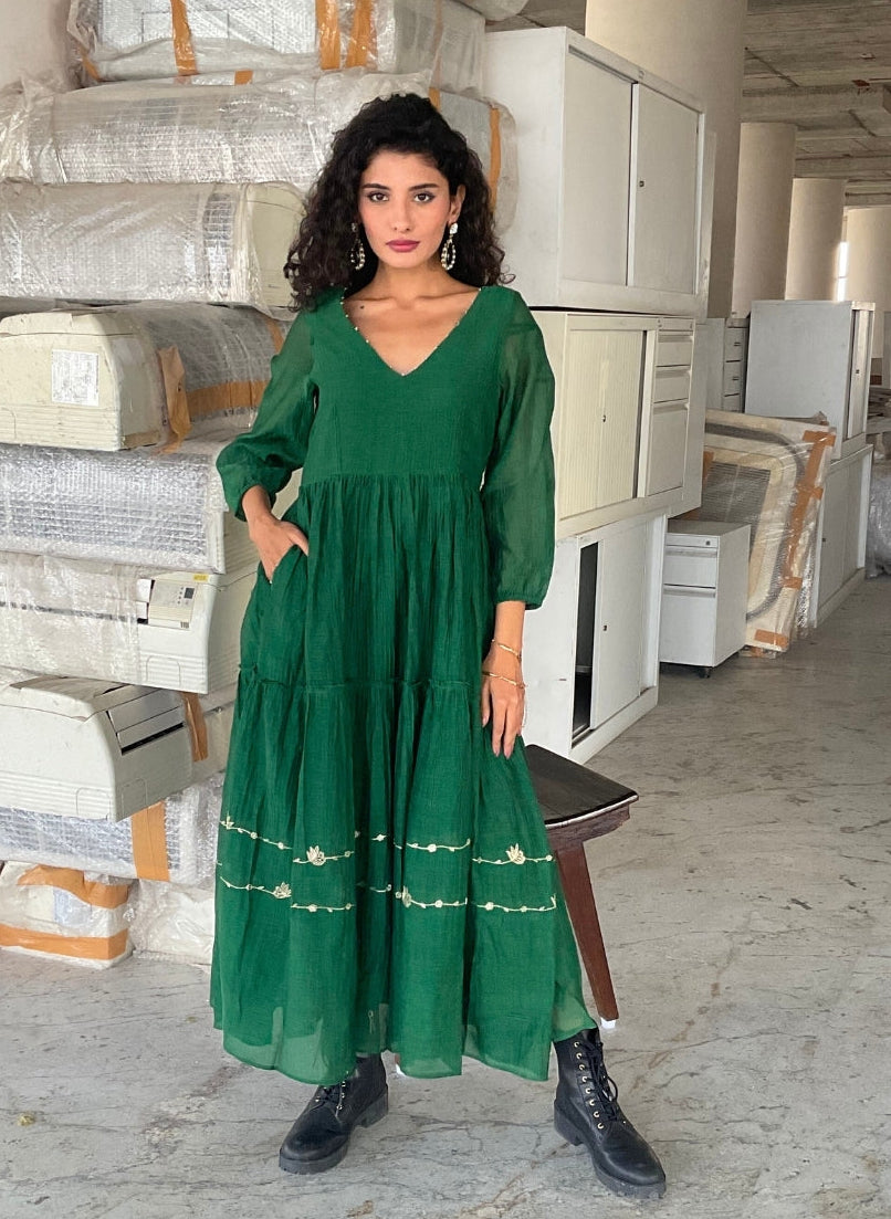 Breeze Chanderi Dress- Rich green