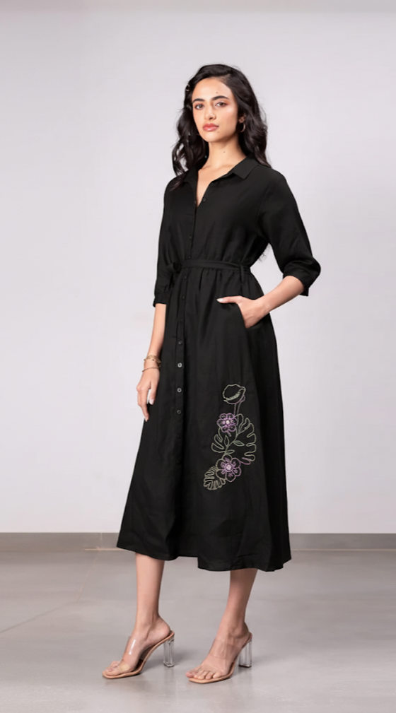 Sara kali Linen Dress with Pockets - Black