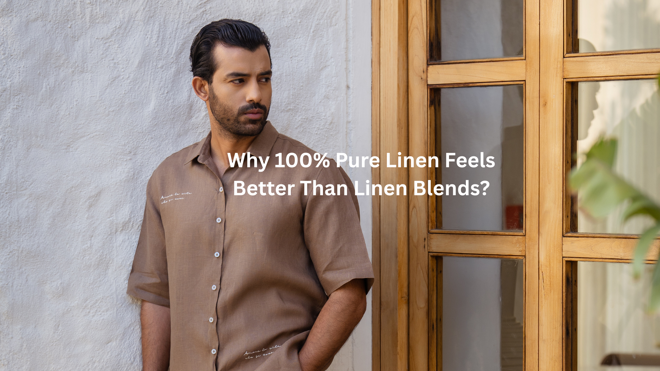 100% pure linen men’s shirt in earthy brown styled in a minimal outdoor setting, showcasing breathable luxury linen fabric, lightweight summer fashion, relaxed tailoring, and natural texture against warm architectural tones.