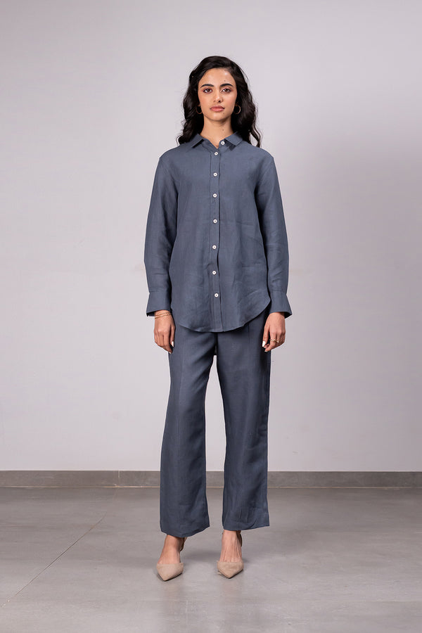 Sandra Linen Curved Hem Shirt - Charcoal Grey