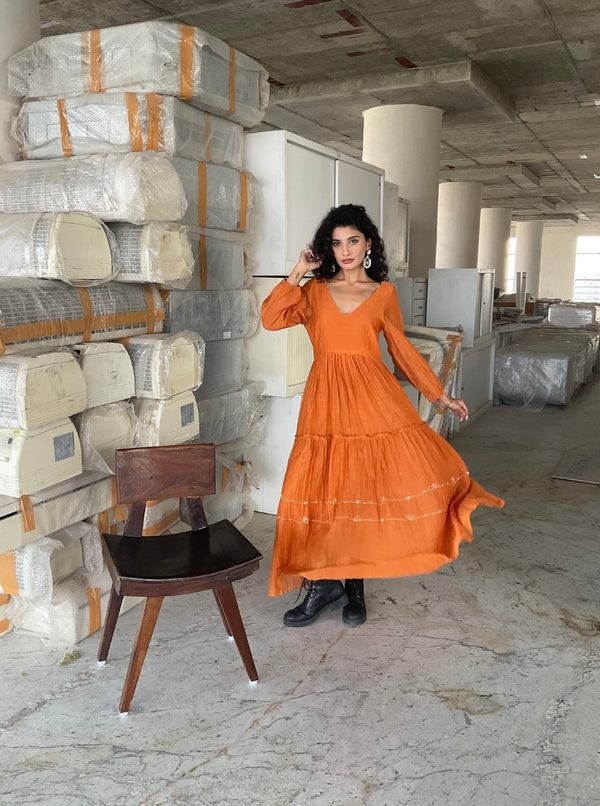 Breeze Chanderi Dress- Cinnamon yellow