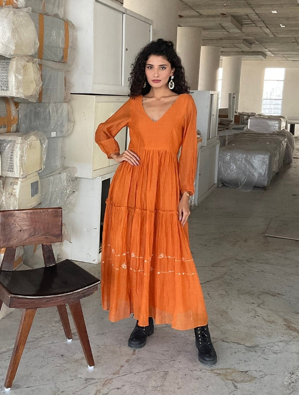 Breeze Chanderi Dress- Cinnamon yellow