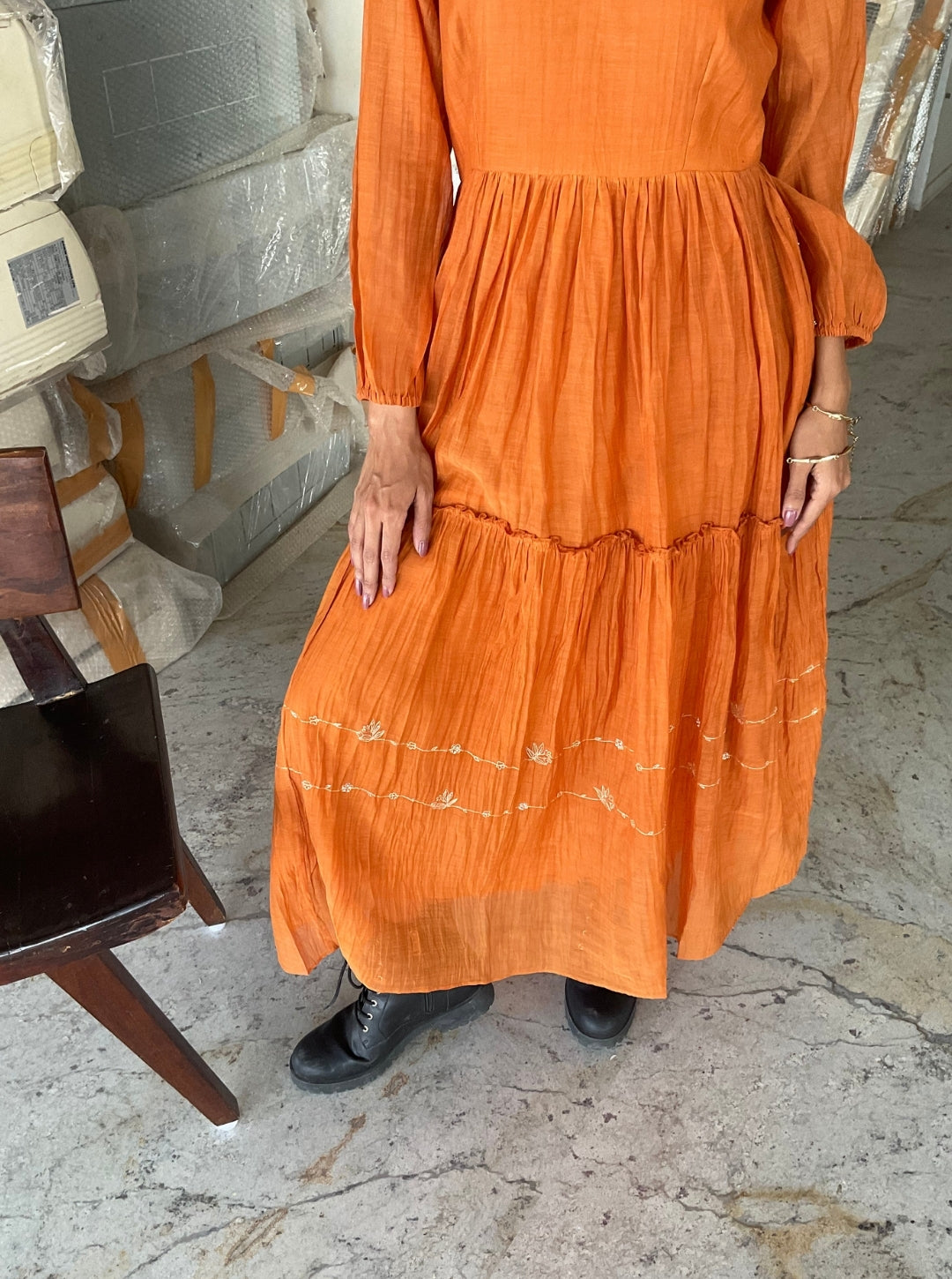 Breeze Chanderi Dress- Cinnamon yellow