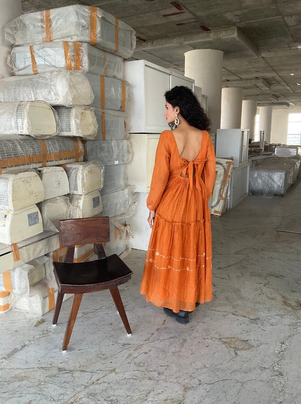 Breeze Chanderi Dress- Cinnamon yellow