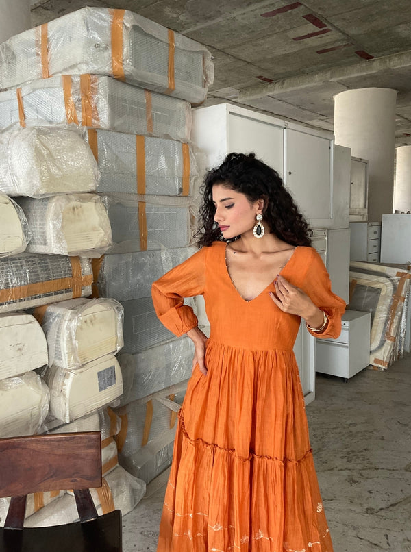 Breeze Chanderi Dress- Cinnamon yellow